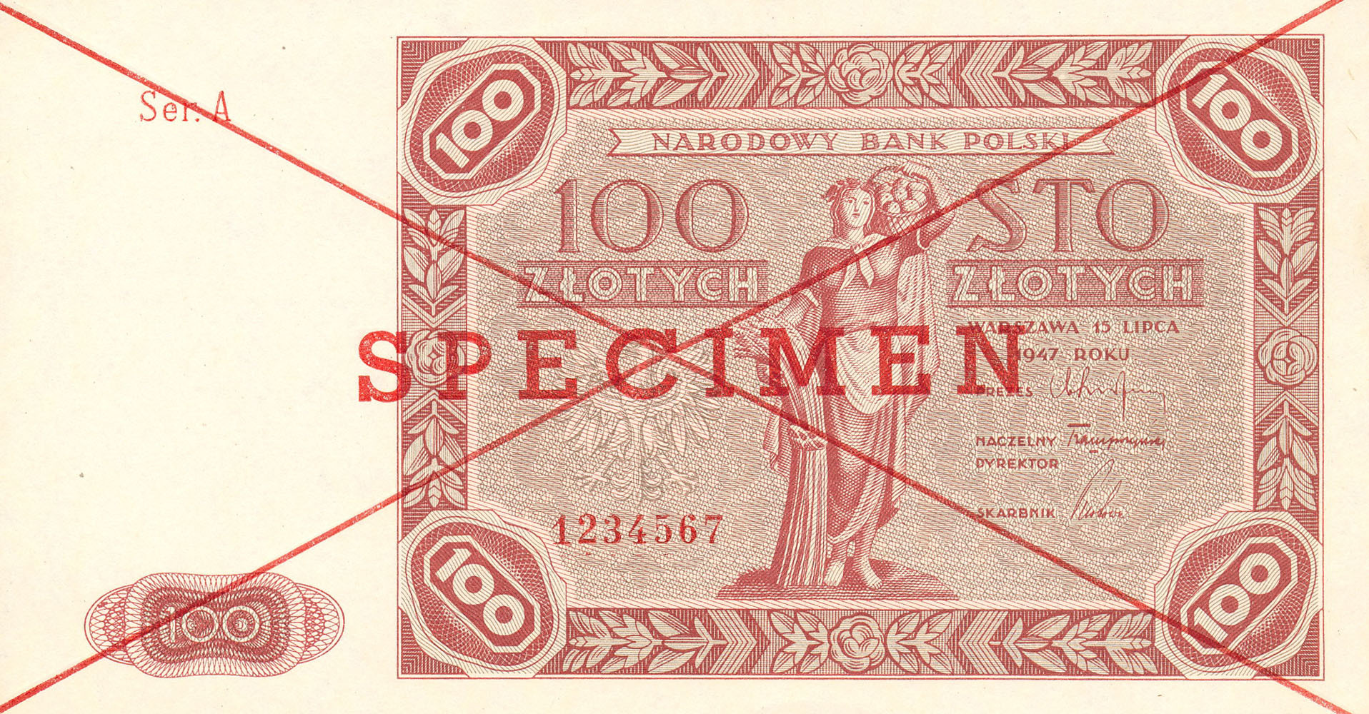 WZÓR / SPECIMEN 100 złotych 1947 seria A - RZADKOŚĆ R6